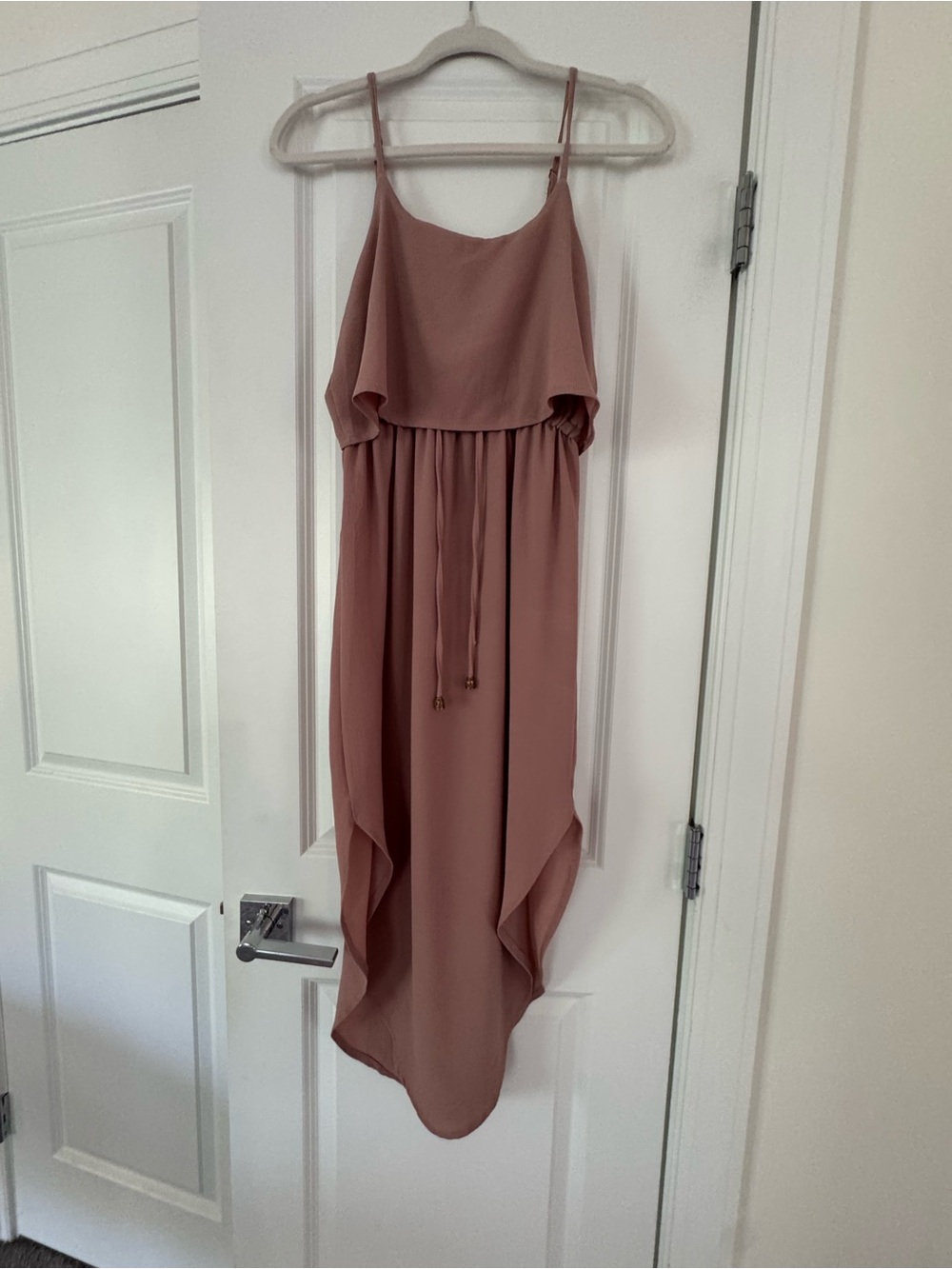 Spaghetti-Strap Ruffle High-Low Dress in Dusty Rose